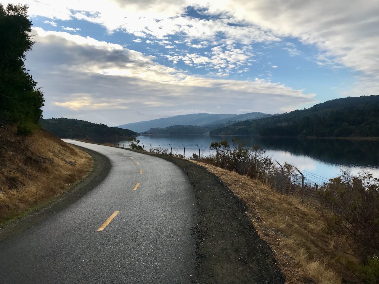A quiet road curving along a reservoir at dawn